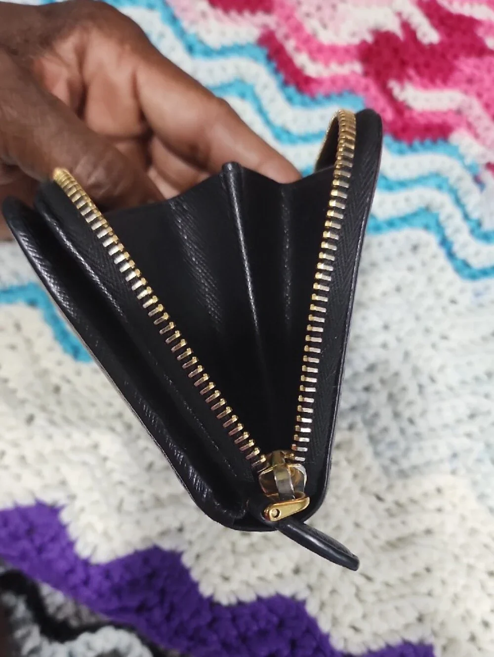 Prada Black Saffiano Leather Zip Wallet with Gold Logo
